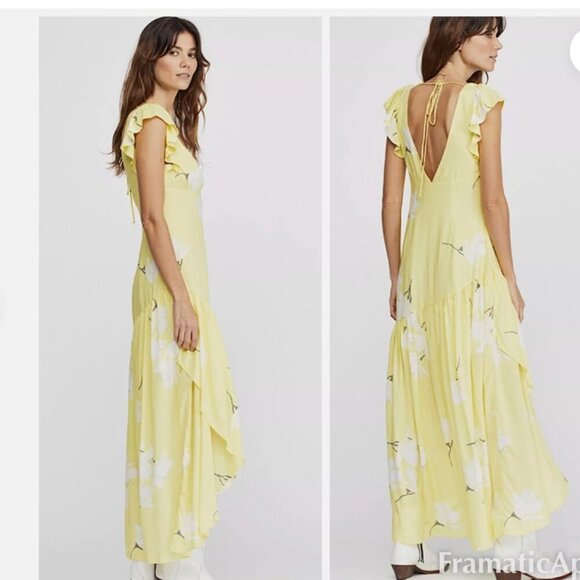 Free People She's A Waterfall Floral Ruffle Asymetric Hem Maxi Dress Yellow Sz 2 - Picture 8 of 11